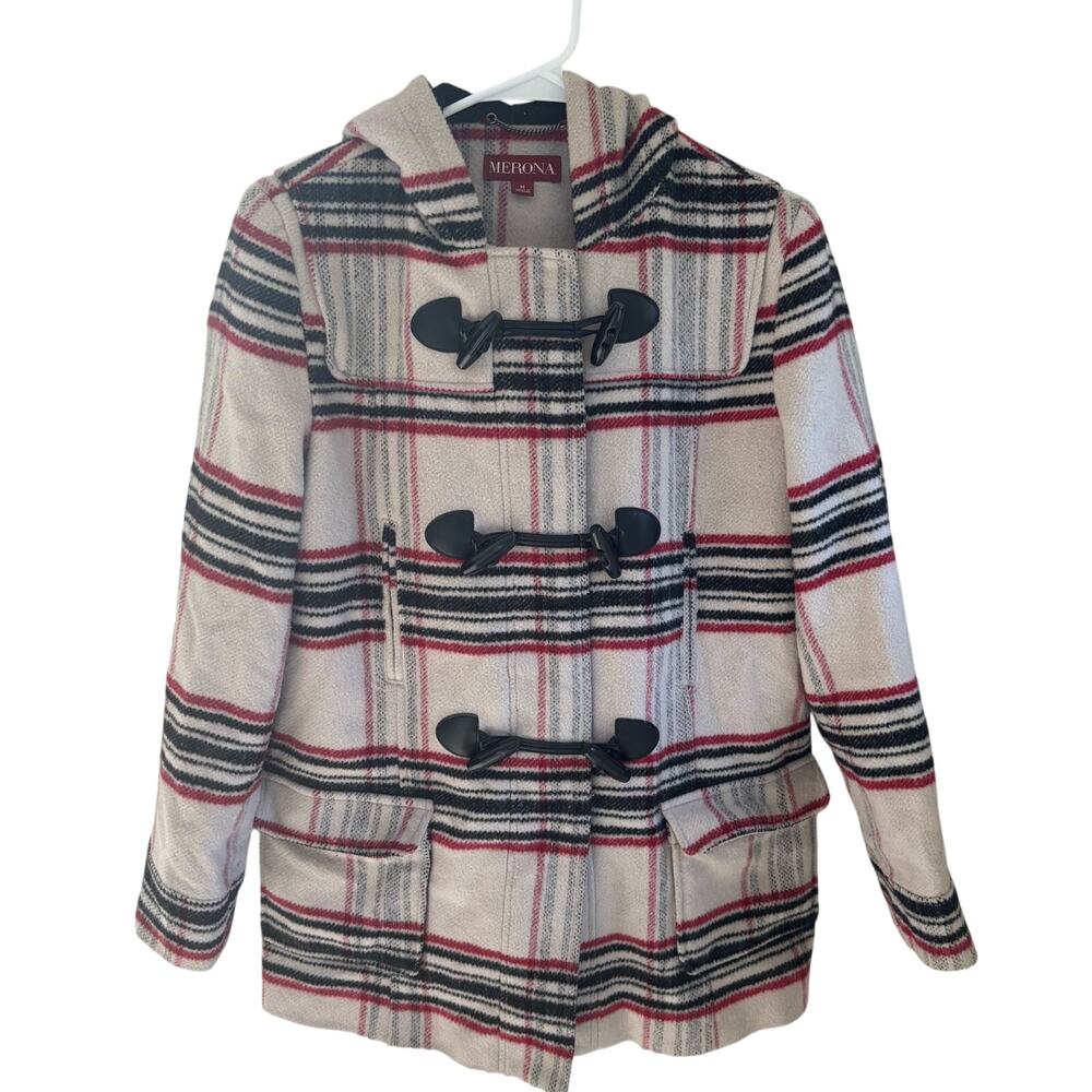 Merona Women's Medium Toggle Duffle Coat Wool Blend Plaid Preppy